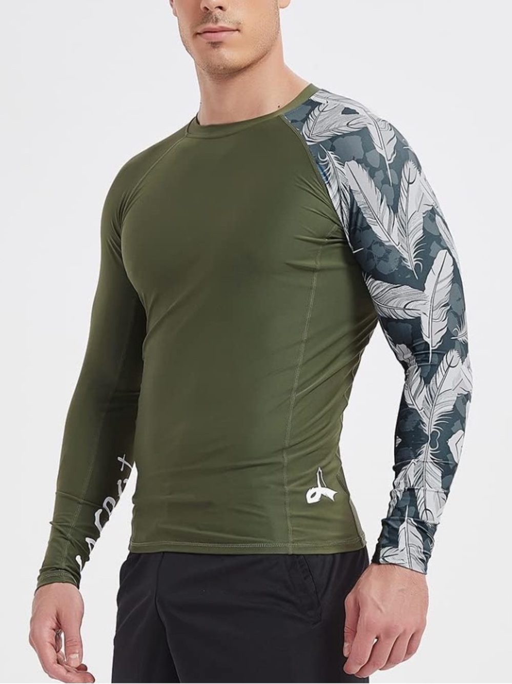 LG Men's Olive Green Long Sleeve Rash Guard with Printed Sleeve
